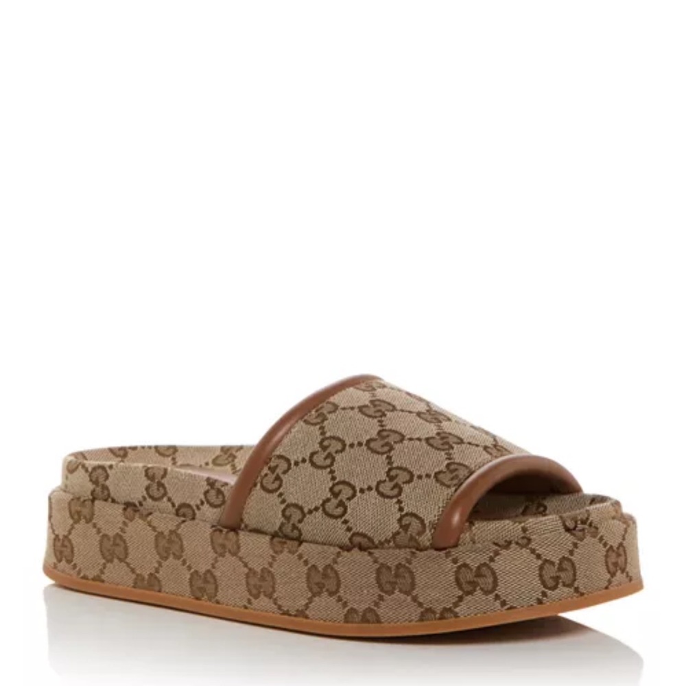 Gucci Gg Platform Women's Beige Monogram Slide Sandals